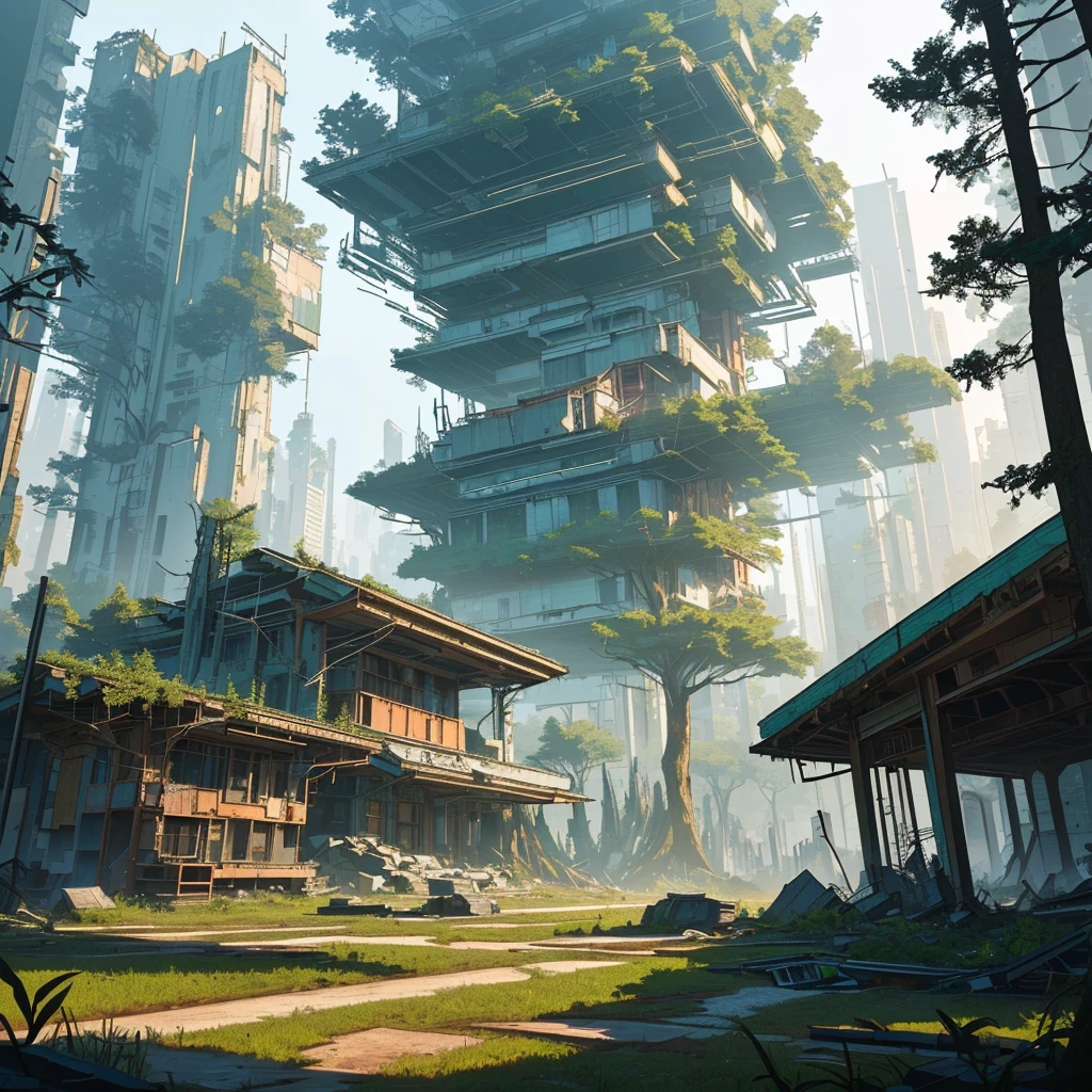 Cyberpunk, broken, there is a dense primeval forest with a lot of vintage house building pictures, cyberpunk, broken, there are a lot of stones, green lush forest background, thick tree background, large meadow, arena background, game background, exaggerated forest background, cartoon style