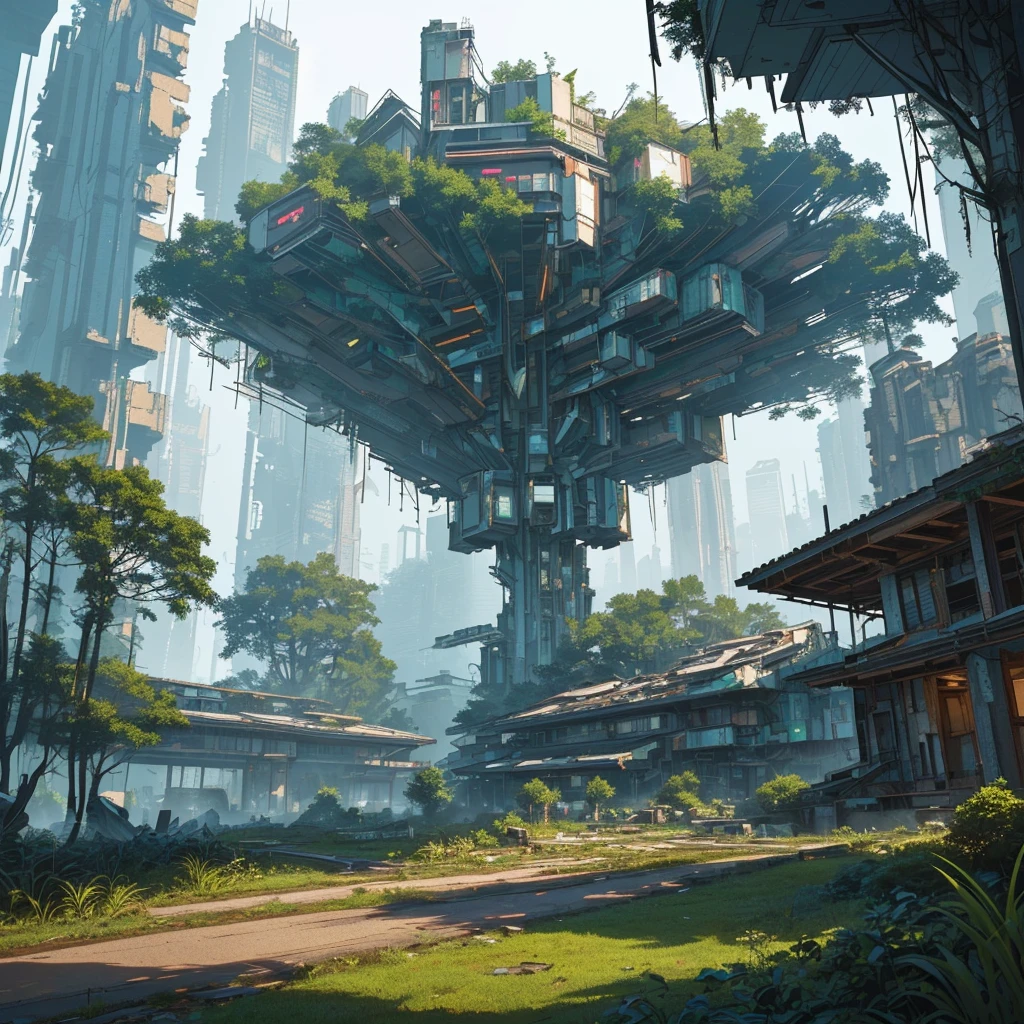 Cyberpunk, broken, there is a dense primeval forest with a lot of vintage house building pictures, cyberpunk, broken, there are a lot of stones, green lush forest background, thick tree background, large meadow, arena background, game background, exaggerated forest background, cartoon style