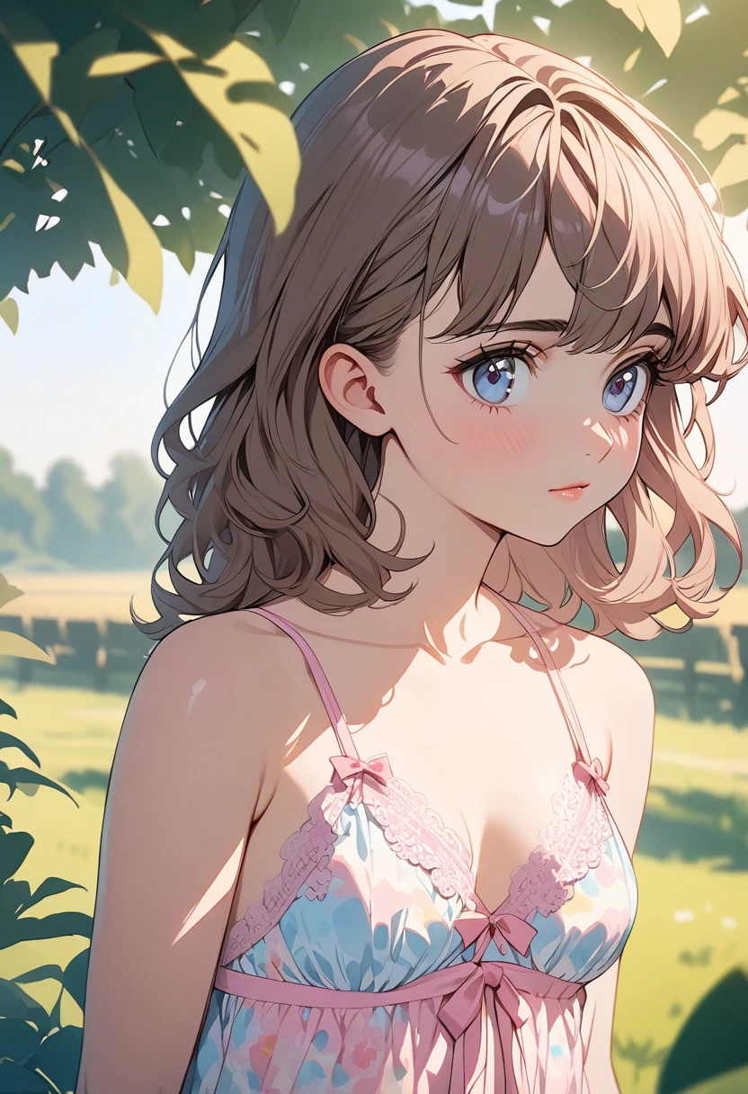 Natalia Dyer, Wear Color (Nightgown), ((lingerie)) On the Farm, Close-up shot, whole body, Very detailed, Playboy Centerfold, Playmate, 8K, Trending on Art Station, complicated, High detail, Sharp focus, Model shot,