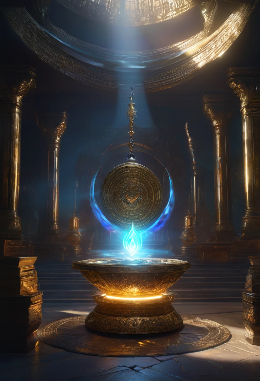 a fantasy scene depicting 3 sacred artifacts, detailed illustration, highly detailed, intricate, ornate, mystical, glowing aura, magical energy, moody lighting, dramatic shadows, epic composition, digital art, concept art, cinematic lighting, hyper realistic, 8K, photorealistic, award winning, artstation