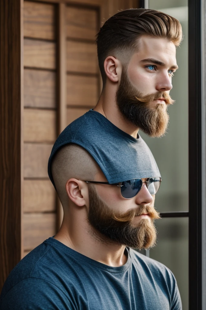 20-year-old man with a nice beard, well-cut hair, blue eyes, thin jaw