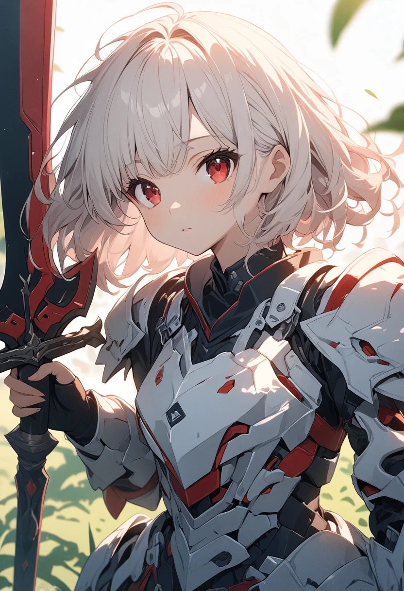 masterpiece , girl, In the Field, ( Light white short hair:1.2), (Red eyes:1.2), (Crossader:1.2), (View your viewers:1.2) , (8K, 最high quality 1.2), Super detailed, 8K Ultra HD, Soft lighting, high quality, Film Grain, Beautiful lighting, Cinematic ,Perfect body , Best lighting, Best Shadow, Sharpness, Contrast, Red glasses, Messy Hair, , Absurd high definition faces, Steel Armor, Large sword