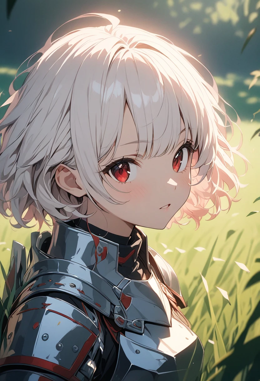 masterpiece , girl, In the Field, ( Light white short hair:1.2), (Red eyes:1.2), (Crossader:1.2), (View your viewers:1.2) , (8K, 最high quality 1.2), Super detailed, 8K Ultra HD, Soft lighting, high quality, Film Grain, Beautiful lighting, Cinematic ,Perfect body , Best lighting, Best Shadow, Sharpness, Contrast, Red glasses, Messy Hair, , Absurd high definition faces, Steel Armor, Large sword