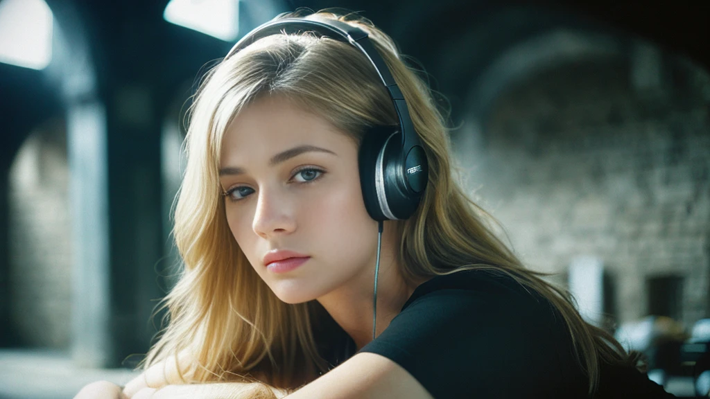 Beautiful blonde with big breasts in a black T-shirt (I sit in the dark ruins with my eyes closed and tears streaming down my face),Wearing headphones,Very detailed, 21 years old, Innocent face, Naturally Wavy Hair, blue eyes, High resolution, masterpiece, Highest quality, Intricate details, Very detailed, Clear focus, Delicate skin, practical skin texture, texture, Delicate eyes, Professional, 4K, Sad crying face, Shot with Canon, 85mm, Shallow and deep,  Kodak Vision Color, Exactly, Very detailed, photograph_\(Extremist\), photographpractical, practical, Post-processing, Maximum details, Roughness, Real Life, Extremist practical, Photorealism, photographgraphy, 8K Ultra HD, photographgraphy