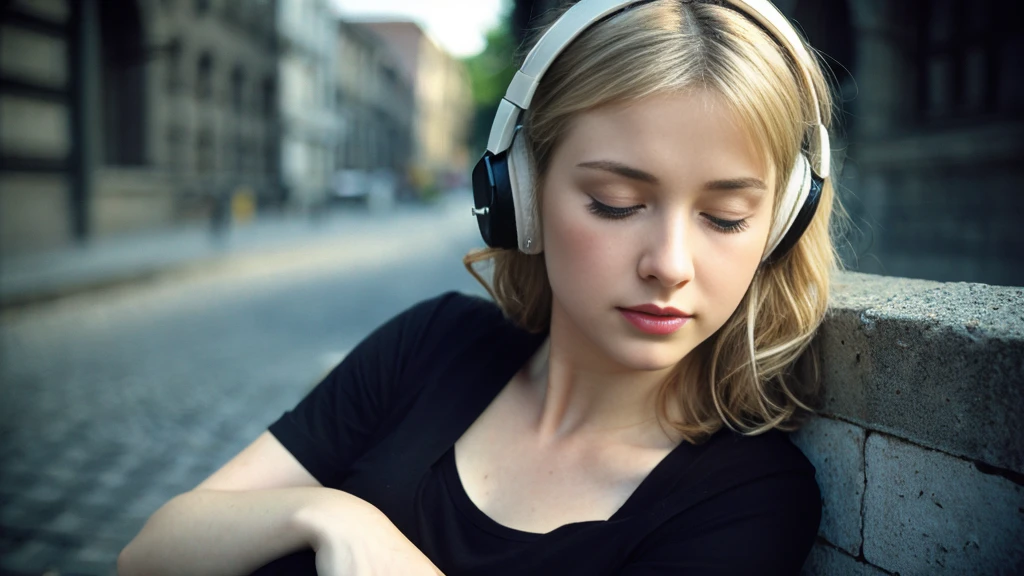 Beautiful blonde with big breasts in a black T-shirt (I sit in the dark ruins with my eyes closed and tears streaming down my face),Wearing headphones,Very detailed, 21 years old, Innocent face, Naturally Wavy Hair, blue eyes, High resolution, masterpiece, Highest quality, Intricate details, Very detailed, Clear focus, Delicate skin, practical skin texture, texture, Delicate eyes, Professional, 4K, Sad crying face, Shot with Canon, 85mm, Shallow and deep,  Kodak Vision Color, Exactly, Very detailed, photograph_\(Extremist\), photographpractical, practical, Post-processing, Maximum details, Roughness, Real Life, Extremist practical, Photorealism, photographgraphy, 8K Ultra HD, photographgraphy