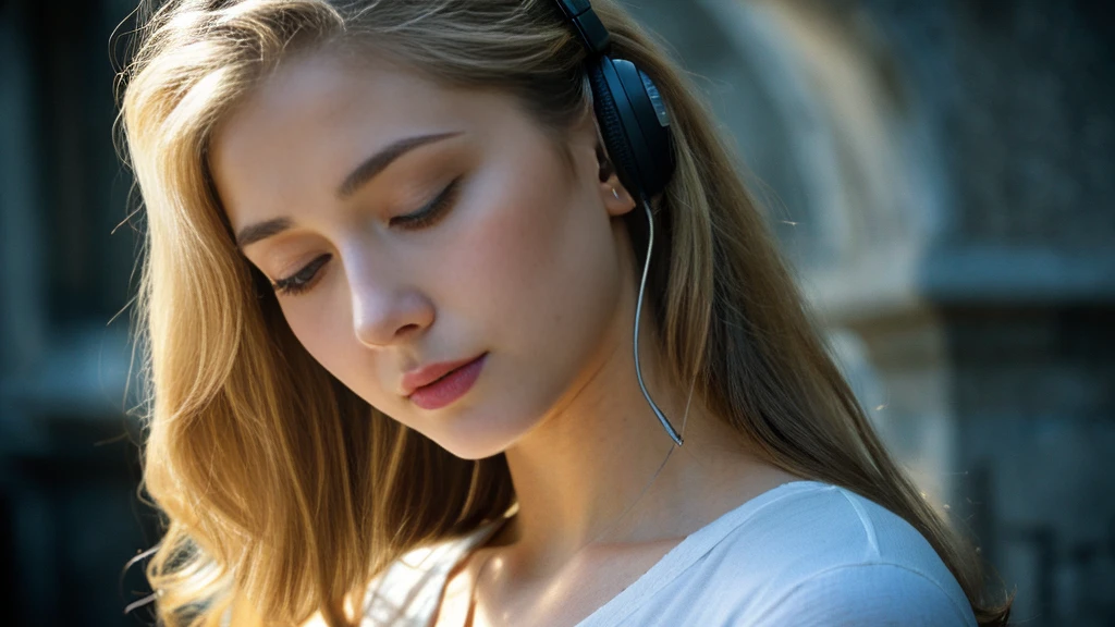 Beautiful blonde with big breasts in a black T-shirt (I sit in the dark ruins with my eyes closed and tears streaming down my face),Wearing headphones,Very detailed, 21 years old, Innocent face, Naturally Wavy Hair, blue eyes, High resolution, masterpiece, Highest quality, Intricate details, Very detailed, Clear focus, Delicate skin, practical skin texture, texture, Delicate eyes, Professional, 4K, Sad crying face, Shot with Canon, 85mm, Shallow and deep, Kodak Vision Color, Exactly, Very detailed, photograph_\(Extremist\), photographpractical, practical, Post-processing, Maximum details, Roughness, Real Life, Extremist practical, Photorealism, photographgraphy, 8K Ultra HD, photographgraphy