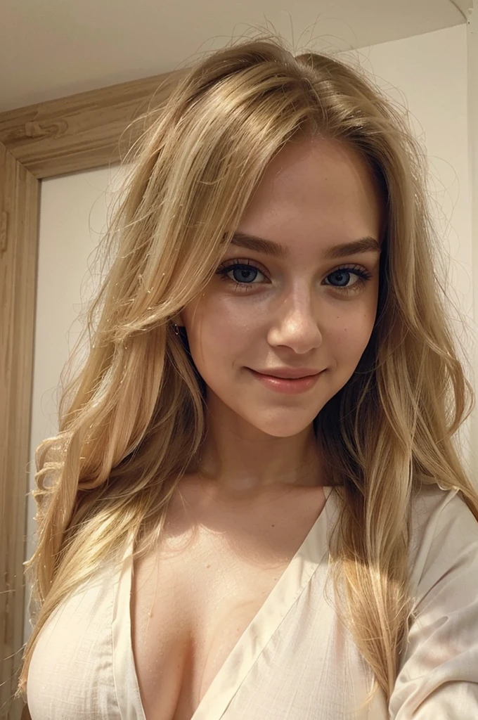 A 19-year-old blonde woman, ((huge breasts)), ((hyperrealism),. blonde hair, extra long hair, very long hair, beautiful, front view, selfie, photo taken with iPhone, elegant beige blouse with a low cut, cute face, shy smile