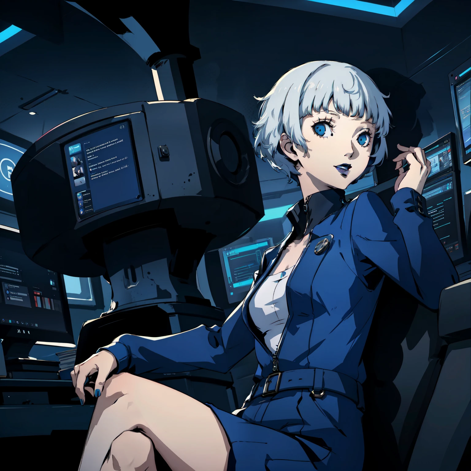 masterpiece, ((best quality)),((1 girl)), blue eyes, black lipstick, skyblue hair, female , tomboy Pixie haircut, deep blue suit, white hair, white hair,smiling,hacker,in the,dark room,sitting,looking monitor,sexy
