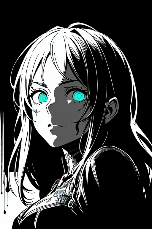 (vulcn style:1.0)、(Comics-000009:0.9)、(extremely high contrast:1.2)、(Ink Art_Dark ink:1)、One Girl,Adorable,Highly detailed eyes,Highly detailed face,Very fine hair,8K,(((Left and right split theme:1.2))),Divided by a thin center line,One Face