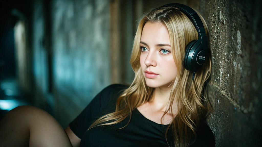 Beautiful blonde with big breasts in a black T-shirt (Sitting in tears in the dark ruins),Wearing headphones,Very detailed, 21 years old, Innocent face, Naturally Wavy Hair, blue eyes, High resolution, masterpiece, Highest quality, Intricate details, Very detailed, Clear focus, Delicate skin, practical skin texture, texture, Delicate eyes, Professional, 4K, Sad crying face, Shot with Canon, 85mm, Shallow and deep,  Kodak Vision Color, Exactly, Very detailed, photograph_\(Extremist\), photographpractical, practical, Post-processing, Maximum details, Roughness, Real Life, Extremist practical, Photorealism, photographgraphy, 8K Ultra HD, photographgraphy