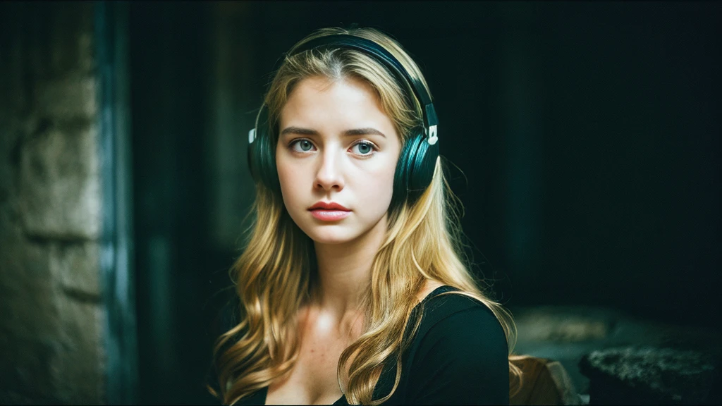 Beautiful blonde with big breasts in a black T-shirt (Sitting in tears in the dark ruins),Wearing headphones,Very detailed, 21 years old, Innocent face, Naturally Wavy Hair, blue eyes, High resolution, masterpiece, Highest quality, Intricate details, Very detailed, Clear focus, Delicate skin, practical skin texture, texture, Delicate eyes, Professional, 4K, Sad crying face, Shot with Canon, 85mm, Shallow and deep, Kodak Vision Color, Exactly, Very detailed, photograph_\(Extremist\), photographpractical, practical, Post-processing, Maximum details, Roughness, Real Life, Extremist practical, Photorealism, photographgraphy, 8K Ultra HD, photographgraphy