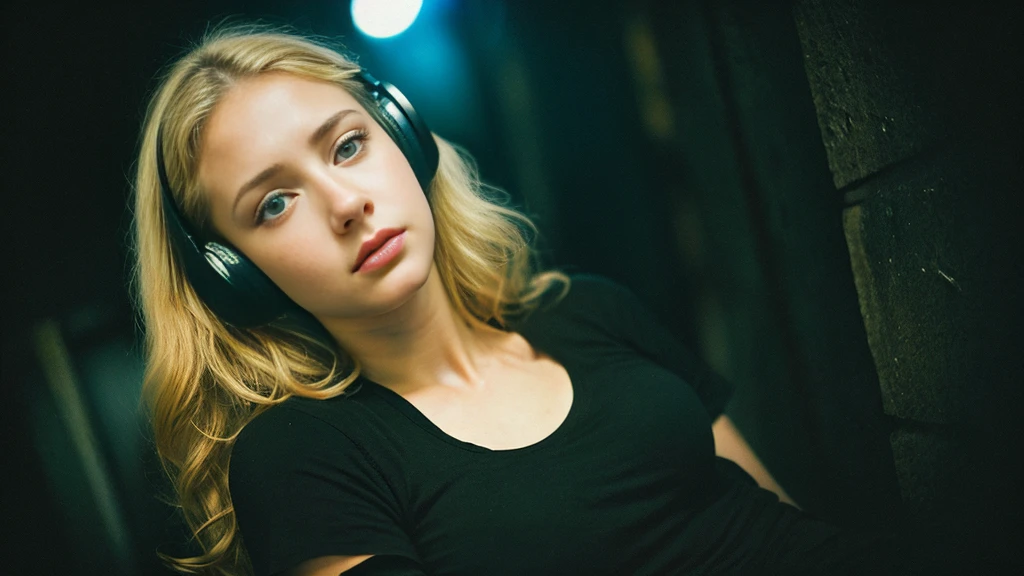 Beautiful blonde with big breasts in a black T-shirt (Sitting in tears in the dark ruins),Wearing headphones,Very detailed, 21 years old, Innocent face, Naturally Wavy Hair, blue eyes, High resolution, masterpiece, Highest quality, Intricate details, Very detailed, Clear focus, Delicate skin, practical skin texture, texture, Delicate eyes, Professional, 4K, Sad crying face, Shot with Canon, 85mm, Shallow and deep,  Kodak Vision Color, Exactly, Very detailed, photograph_\(Extremist\), photographpractical, practical, Post-processing, Maximum details, Roughness, Real Life, Extremist practical, Photorealism, photographgraphy, 8K Ultra HD, photographgraphy