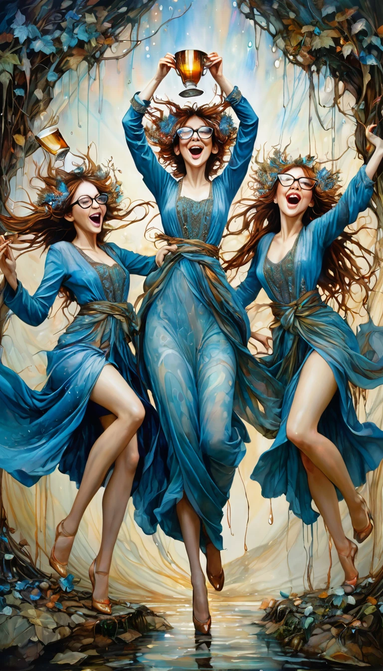 three women have fun and dance, each raising a cup of liquor to the sky, luxurious glasses (art inspired by Brian Froud and Carne Griffiths and Wadim Kashin, intricate details, oil painting)
