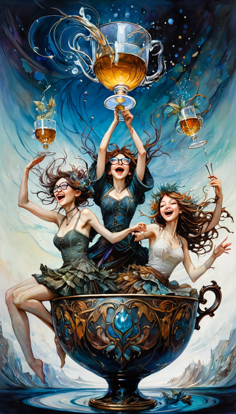 three women have fun and dance, each raising a cup of liquor to the sky, luxurious glasses (art inspired by Brian Froud and Carne Griffiths and Wadim Kashin, intricate details, oil painting)

