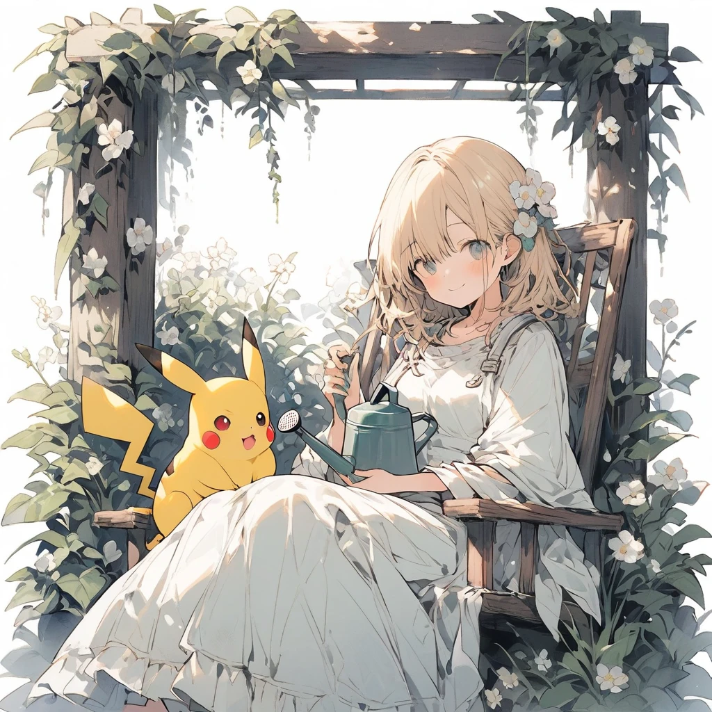 ((Light Contrast: 1.4)),
BREAK {Draw a delightful illustration of Pikachu relaxing in a garden chair. Pikachu should be surrounded by blooming flowers and greenery, sitting comfortably with a smile. Include details like a watering can, garden tools, and butterflies flying around. The overall vibe should be fresh and lively}