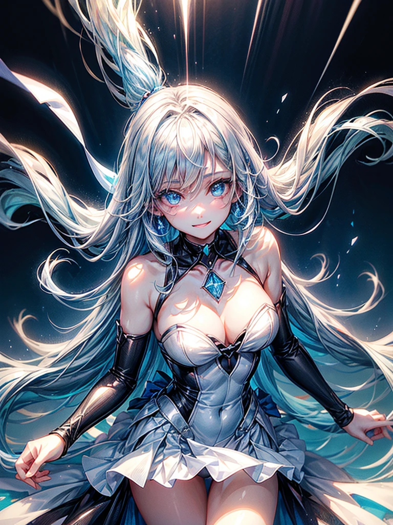 One beautiful woman、((laugh self-deprecatingly))、Raise the corners of one mouth、Smile sadly、Transparent light blue hair、Crystal-like hair、Blue eyes that shine like jewels、Self-Defense Force Uniforms、Highest quality、masterpiece、Super detailed、Black choker with sapphires