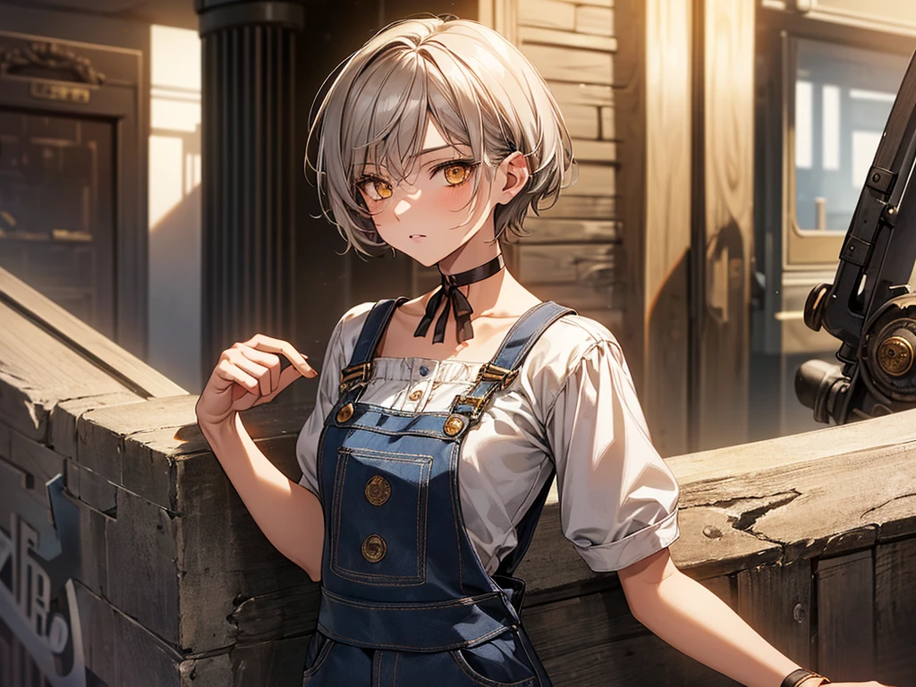 masterpiece, Highest quality, Perfect Face, Highest Resolution, Highest quality,Detailed depiction of the eyes, 1 girl, young, slender body, Short, deep tan skin, slate gray hair, short hair, upturned eyes, Yellow Orange eyes, Perfect Anatomy, steampunk, ribbon choker, overalls, Work clothes, subway