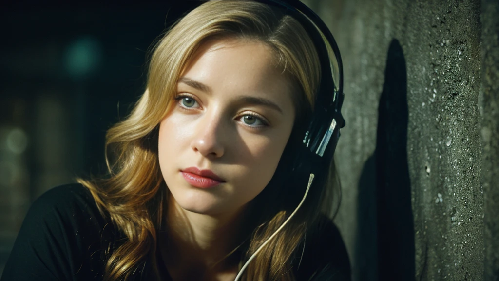 Beautiful blonde with big breasts in a black T-shirt (Sitting in tears in the dark ruins),Wearing headphones,Very detailed, 21 years old, Innocent face, Naturally Wavy Hair, blue eyes, High resolution, masterpiece, Highest quality, Intricate details, Very detailed, Clear focus, Delicate skin, practical skin texture, texture, Delicate eyes, Professional, 4K, Sad crying face, Shot with Canon, 85mm, Shallow and deep,  Kodak Vision Color, Exactly, Very detailed, photograph_\(Extremist\), photographpractical, practical, Post-processing, Maximum details, Roughness, Real Life, Extremist practical, Photorealism, photographgraphy, 8K Ultra HD, photographgraphy