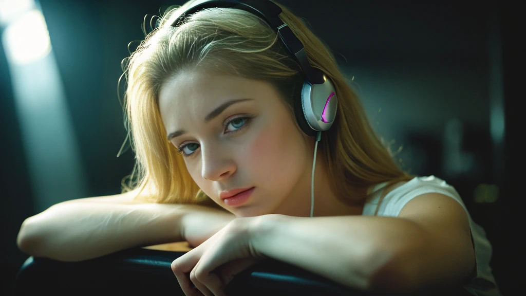 Beautiful blonde with big breasts in a black T-shirt (Sitting in tears in the dark ruins),Wearing headphones,Very detailed, 21 years old, Innocent face, Naturally Wavy Hair, blue eyes, High resolution, masterpiece, Highest quality, Intricate details, Very detailed, Clear focus, Delicate skin, practical skin texture, texture, Delicate eyes, Professional, 4K, Sad crying face, Shot with Canon, 85mm, Shallow and deep, Kodak Vision Color, Exactly, Very detailed, photograph_\(Extremist\), photographpractical, practical, Post-processing, Maximum details, Roughness, Real Life, Extremist practical, Photorealism, photographgraphy, 8K Ultra HD, photographgraphy