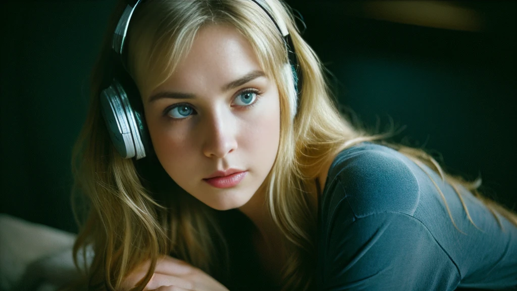 Beautiful blonde with big breasts in a black T-shirt (Sitting in tears in the dark ruins),Wearing headphones,Very detailed, 21 years old, Innocent face, Naturally Wavy Hair, blue eyes, High resolution, masterpiece, Highest quality, Intricate details, Very detailed, Clear focus, Delicate skin, practical skin texture, texture, Delicate eyes, Professional, 4K, Sad crying face, Shot with Canon, 85mm, Shallow and deep,  Kodak Vision Color, Exactly, Very detailed, photograph_\(Extremist\), photographpractical, practical, Post-processing, Maximum details, Roughness, Real Life, Extremist practical, Photorealism, photographgraphy, 8K Ultra HD, photographgraphy
