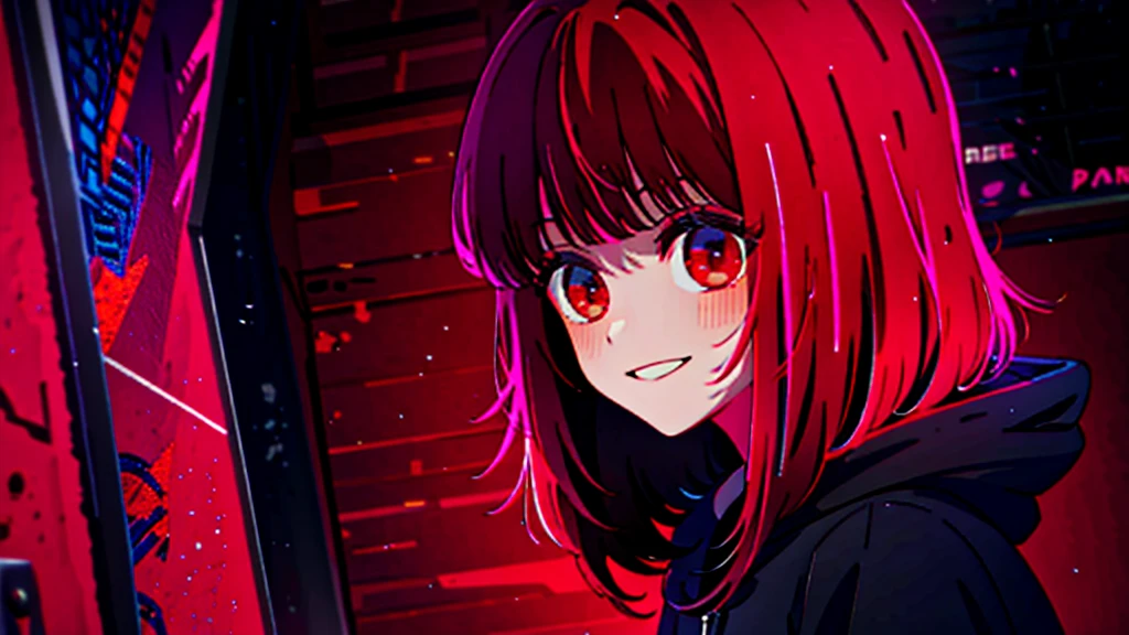 masterpiece, Highest quality, 8K,Detailed Background, masterpiece, Highest quality, smile, ornament, hoodie, Portraiture, Neon Red, graffiti, dark, night, Shining Eyes, Black light