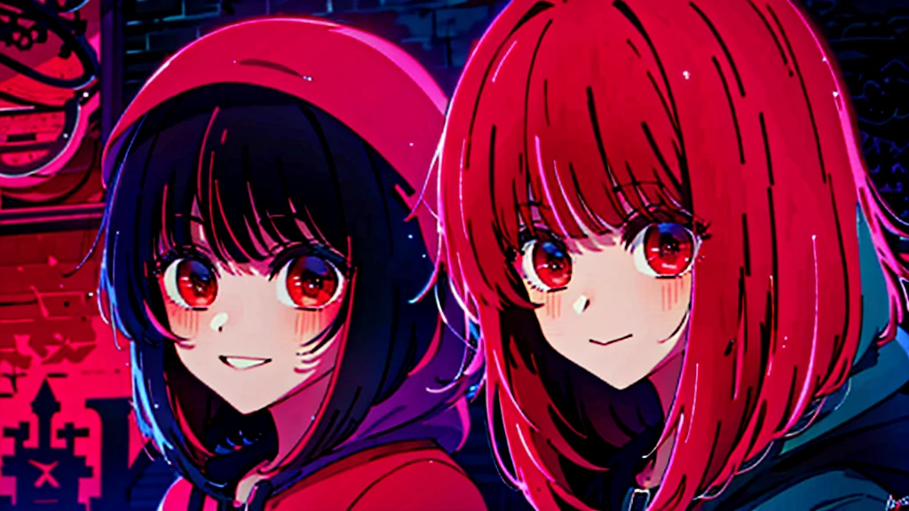masterpiece, Highest quality, 8K,Detailed Background, masterpiece, Highest quality, smile, ornament, hoodie, Portraiture, Neon Red, graffiti, dark, night, Shining Eyes, Black light