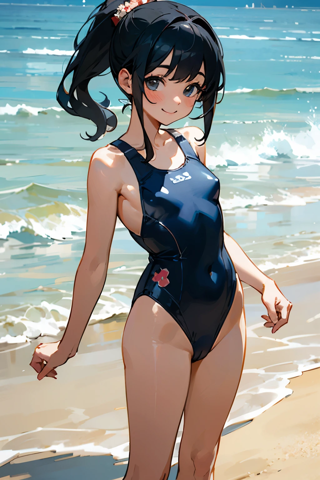 、In the best quality、Teenage girl standing on a sandy beach。In high resolution、Beautiful details、Quiet atmosphere。Black hair ponytail、Cute Smile.。Small 、Cute floral one-piece 。