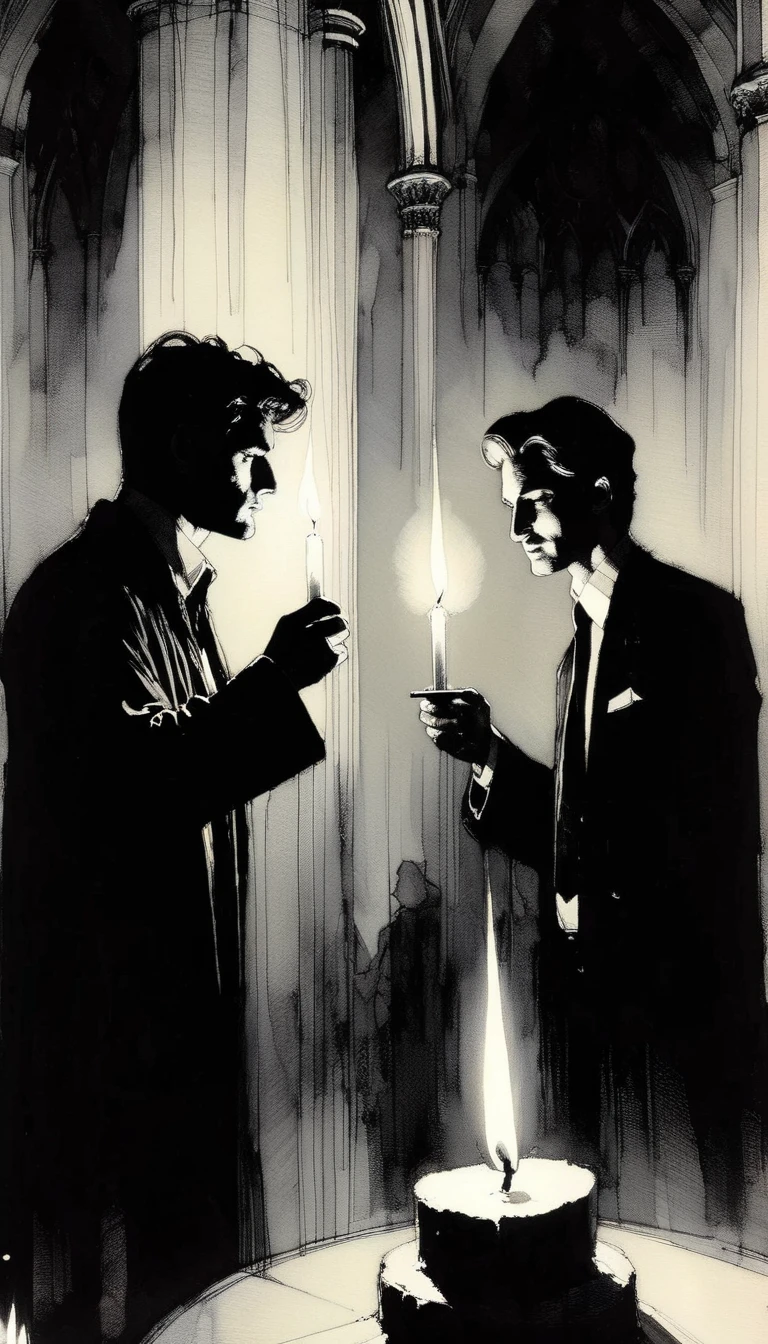 black and white draw of three men lights candle inside a church, detailed ( art inspired by Bill Sienkiewicz, oil painting)