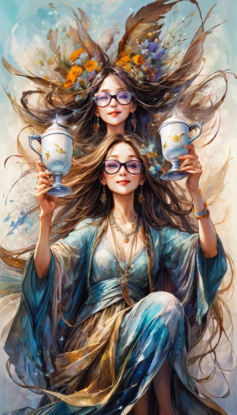 three women have fun and dance, each raising a cup of liquor to the sky, luxurious glasses (art inspired by Brian Froud and Carne Griffiths and Wadim Kashin, intricate details, oil painting)

