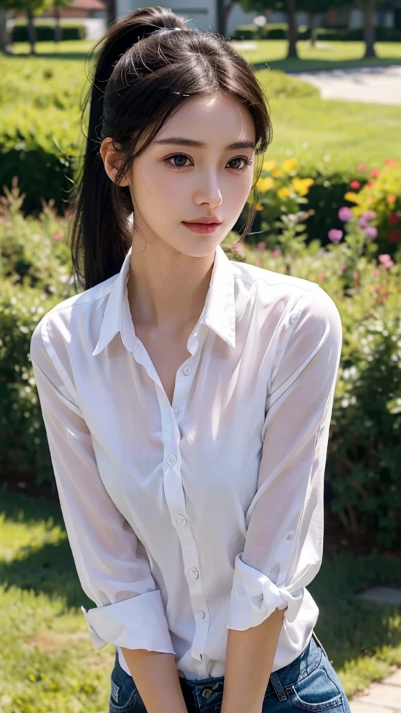 White collared shirt,jeans,outdoors,Urban Park,On the lawn,One woman,close up face,fully body photo,masutepiece, The highest image quality, High quality, the background is clear，Beautiful woman, Japanese, Detailed, Ultra-detailed, finely detail, hight resolution, 8K Wallpaper, Perfect dynamic composition, Beautiful detailed eyes ,Detailed eyes, Detailed skin, Beautiful skin, 超hight resolution, (reality: 1.4),Very beautiful woman, Slightly younger face, Beautiful skin, slender, (Ultra photo realsisim), (hight resolution), (8K), (Very detailed) (beautifully detailed eyes), (super detailed),   (Detailed face), view the viewer, Fine details, Detailed face, Staring straight ahead, Staring straight ahead, photos realistic, Bright lighting, Professional Lighting, Black hair,poneyTail,a ,sixteen ye: ponytail,Long ponytail hairstyle,slight smile,