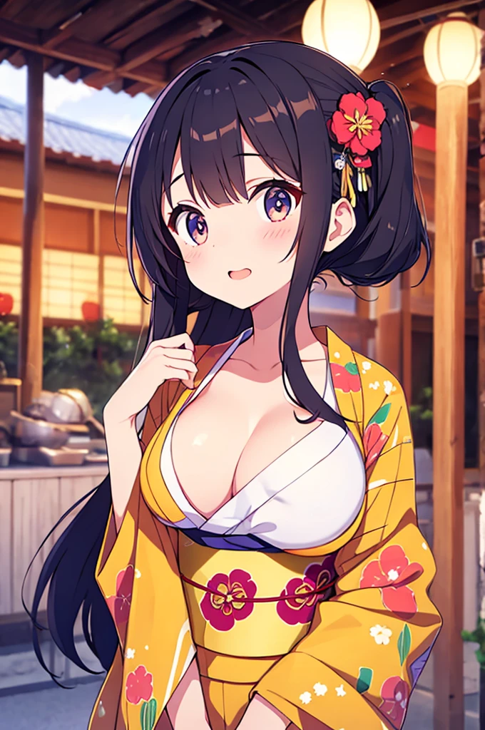 Cute beautiful girl、Big eyes、Open yukata、Big Breasts