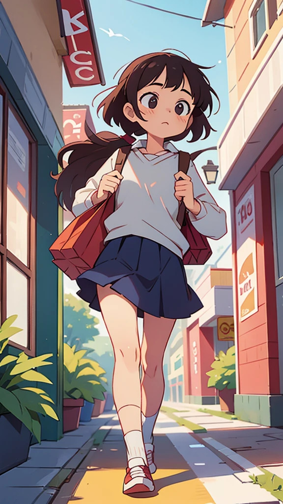 A high school girl walking through a shopping street