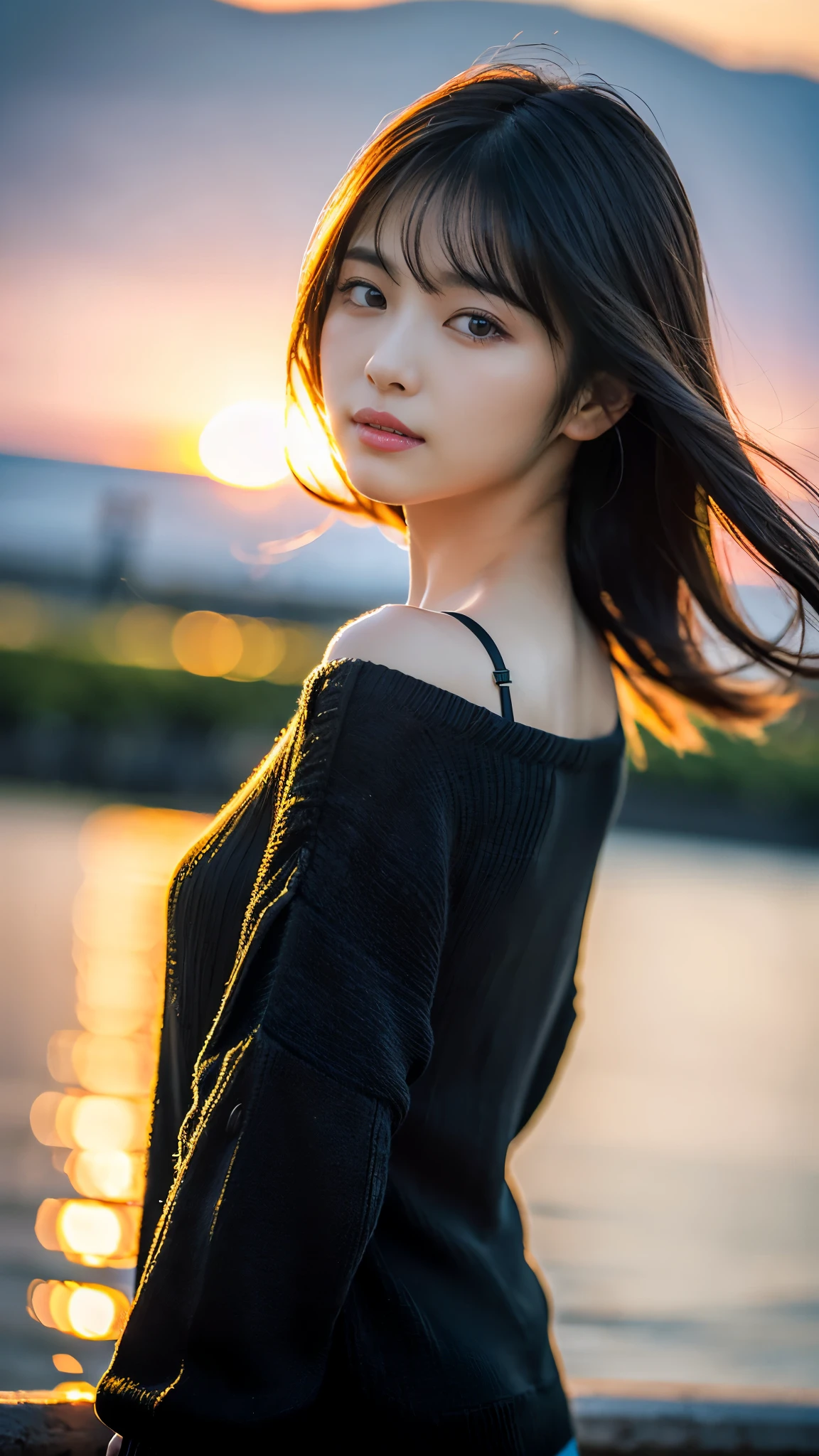 (masterpiece:1.2),(Highest quality),(Very detailed:1.2),(High resolution),(Photorealistic Stick),(RAW Photos),8K,Close-up of a woman in a black sweater,Soft portrait shots,Beautiful Japanese Women,Gorgeous face portrait,Eye light,Girl of the person himself,Very beautiful face,Beautiful portrait,A lovely and delicate face,Beautiful young Japanese woman,Mature hairstyle,Look this way(Sunset in the background),(((Blur the background))),(Gentle light:,(Over the shoulder),(POV shot),((Dynamic hair movement))