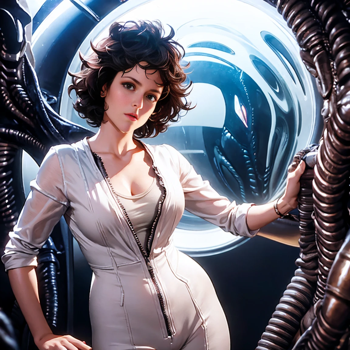 ((Xenomorph alien)) alien movie ((ellen ripley))  a woman 30 years hold wearing small white panties and white tight vest top, brown wavy curly hair, hourglass body,  perfect hands perfect body perferct eyes, location in a futuristic space ship, big breast, cowboy shot position, mid distance shot, sensual look, extremely detailed, ultra-realistic,  cinematic lighting, realistic light