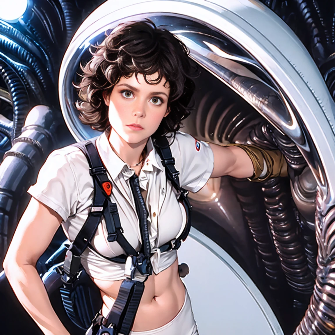 ((Xenomorph alien)) alien movie ((ellen ripley))  a woman 30 years hold wearing small white panties and white tight vest top, brown wavy curly hair, hourglass body,  perfect hands perfect body perferct eyes, location in a futuristic space ship, big breast, cowboy shot position, mid distance shot, sensual look, extremely detailed, ultra-realistic,  cinematic lighting, realistic light