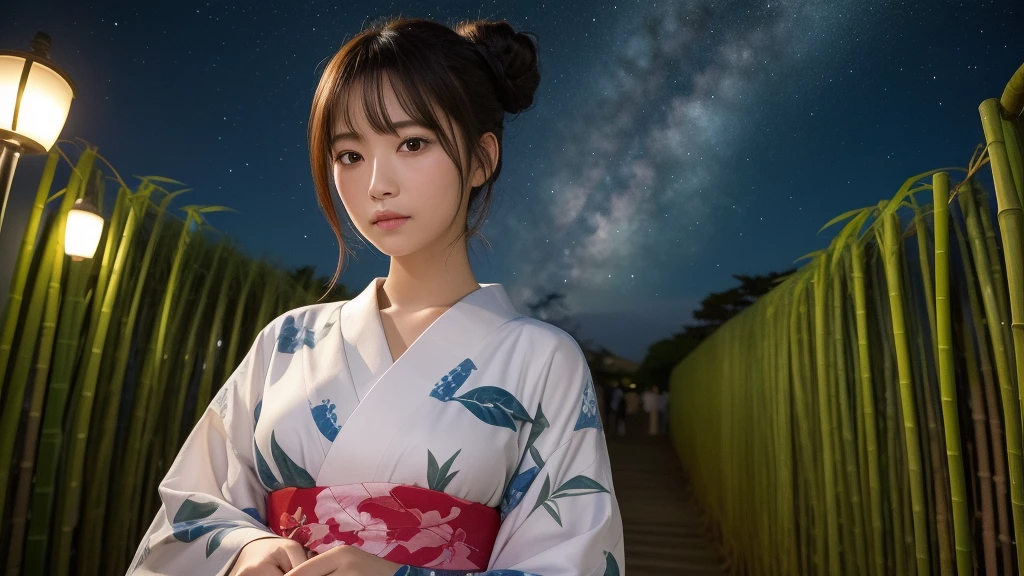 (1women), bun hair, (round eyes:1.2), (highly detailed face), (extremely detailed beautiful face), (floral pattern yukata), (Best Quality:1.4), (Ultra-detailed), extremely detailed CG unified 8k wallpaper, Realistic portrait, Beautiful detailed, High-definition raw color photos, professional photography, night sky, tanzaku, a bamboo thicket, (Japan's Tanabata, Tanabata night), tanzaku, beautiful milky way, bamboo, scenery, plant, (fine face:1.2), focus on women