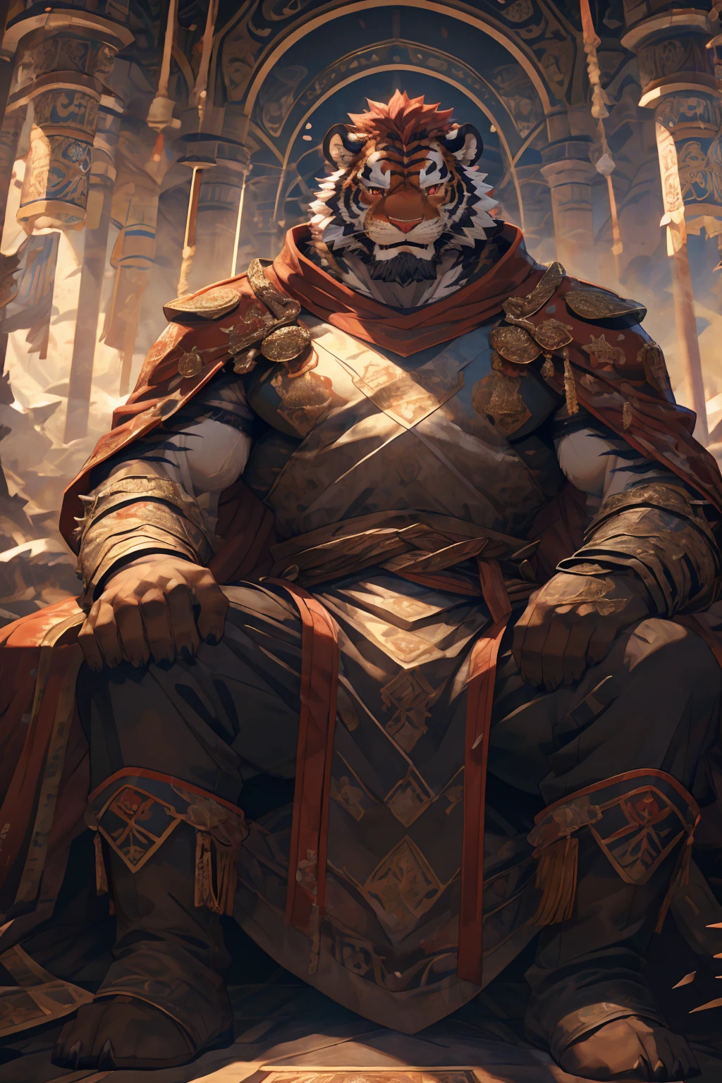 (赤红色tiger),(赤红流火Military commander战袍),Holding a long sword,Awesome posture,Sitting quietly on the edge of the cliff,(The background is a city with bright lights.:1.2),Abdominal muscles,Heroic飒爽,完美的masterpiece,Various facial details,Close-up view,specific description,masterpiece,cg,(Red eyes),Crimson pattern,Crimson tail,Military commander,Heroic,tiger,Crimson fur,Detailed facial details,Half Body,(赤红Military commander战履),(Long feather),((middle aged)),(Face Focus),(16K),HD,Red and white abdomen,temple,beard,(Face lines),Heterochromia,(Red battle robe),(Crimson hair),Strong,muscle,(high resolution:1.3),(Sitting on the cliff and looking at the lights of thousands of houses)