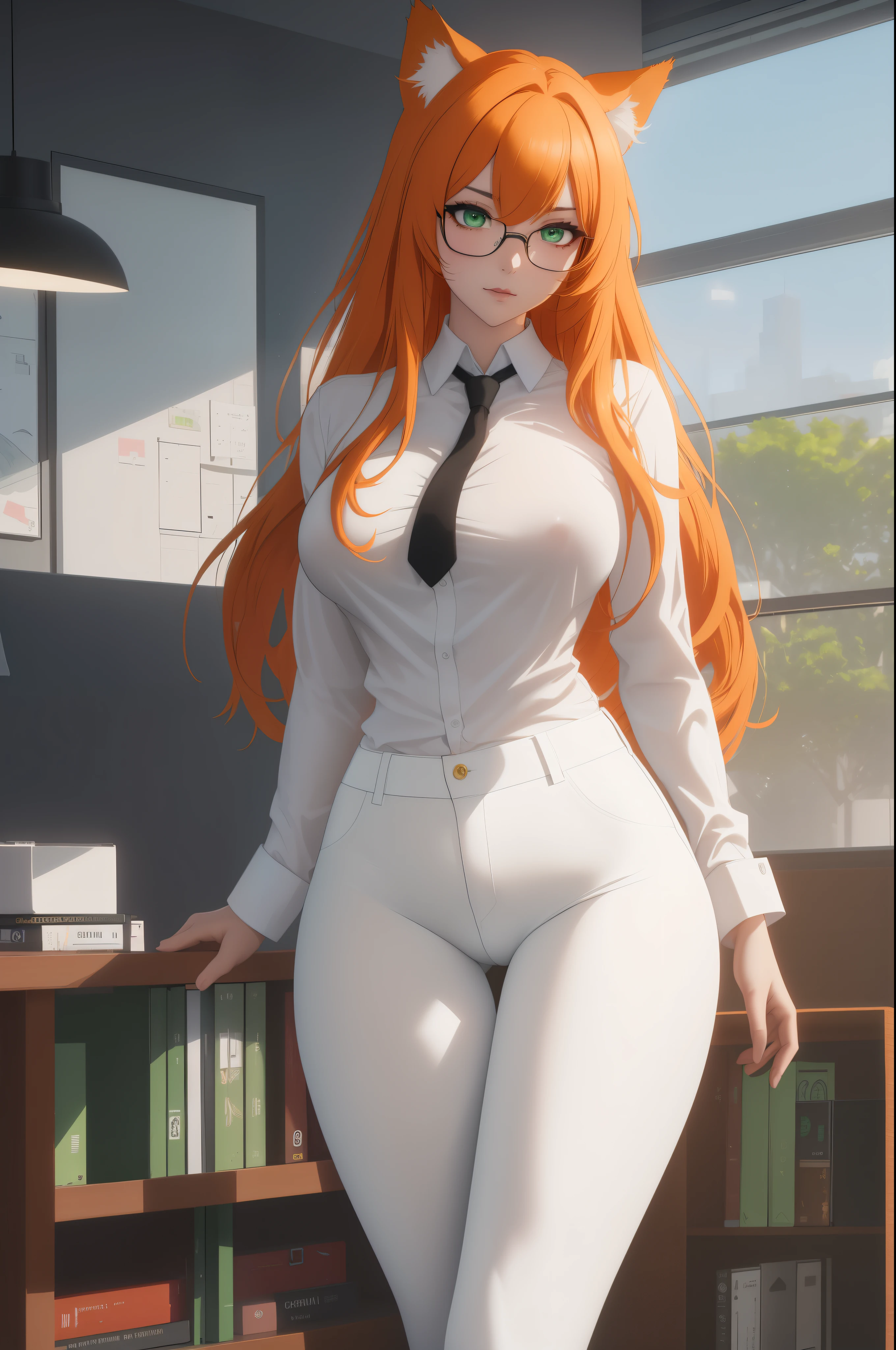 (masterpiece, Best quality), 8K, ultra detailed, realistic photo, Detailed face, perfect lighting, green eyes, bright orange hair, bright hair, fox ears, nice legs, side photo, beautiful, Cute, skin pores, 1 girl, perfect shirt, fully dressed, beautiful women 30 years old, Beautiful proportions, Russian woman, Caucasian, European, Business lady, stunningly beautiful woman, mother, thick legs, show , , (Thin white shirt:1.4), thick, hot, (White Office Wear:1.4), tight pants, (wide :1.2), thick, (white Office pants:1.3), spread your legs, , full length, wide , Glasses, with long orange hair, standing on the beach near the ocean, green eyes detailed digital anime art, cat ear, anime girl with long hair, гладкое аниме cg art, anime girl with long hair, digital anime art, work in Guweiz style, Beautiful anime portrait, Photorealistic render of an anime girl, pantyhose, Beautiful anime girl, advanced digital anime art, guweiz на artstation pixiv HD UHD HQ

