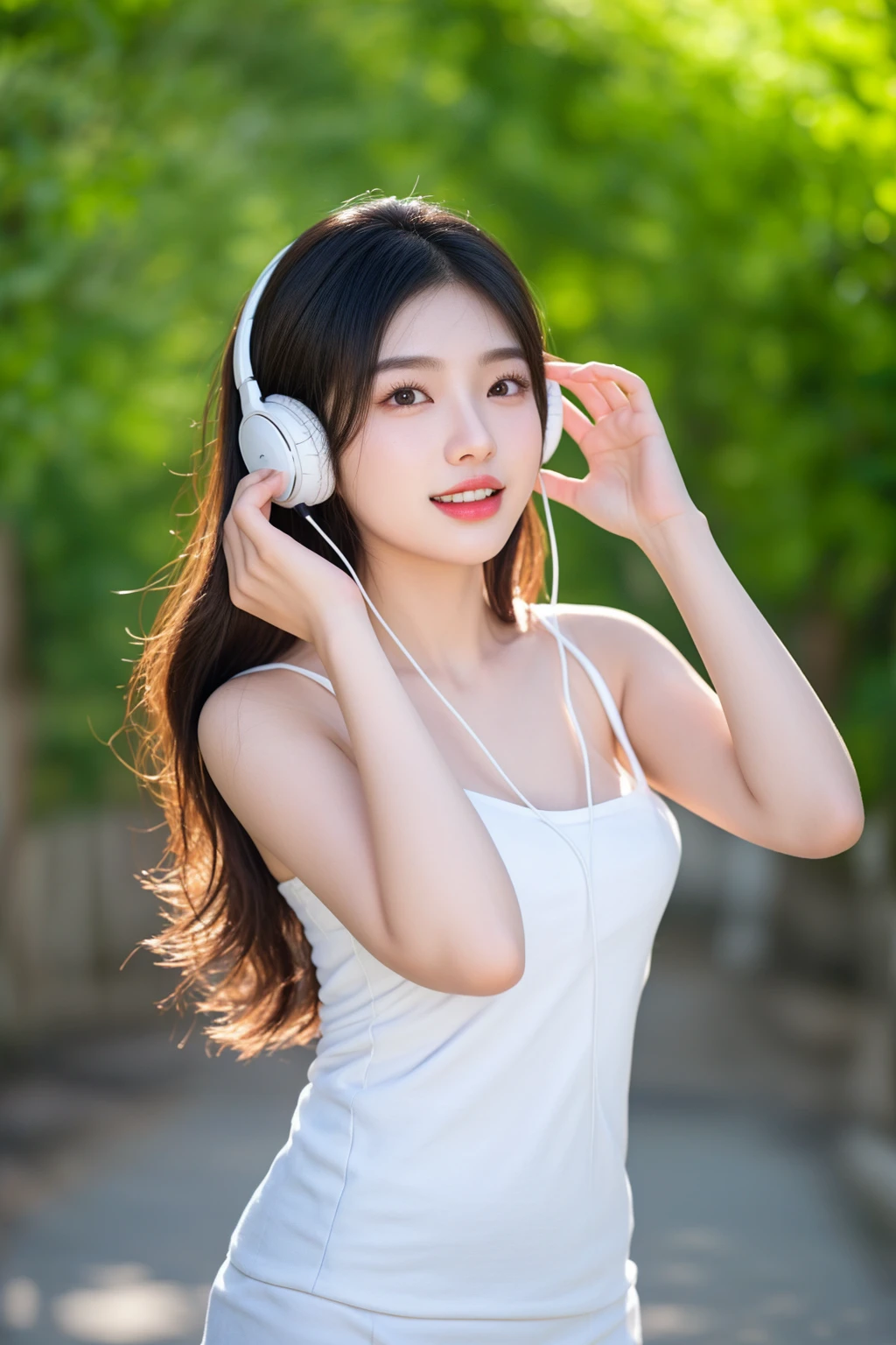 woman wearing white top and headphones standing on a path, beautiful young korean woman, beautiful south korean woman, korean girl, girl wearing headphones, gorgeous young korean woman, beautiful asian girl, korean woman, with headphones, chinese girl, wearing headphones, asian girl with long hair, a young asian woman, young asian girl, with head phones, young asian woman, beautiful asian woman