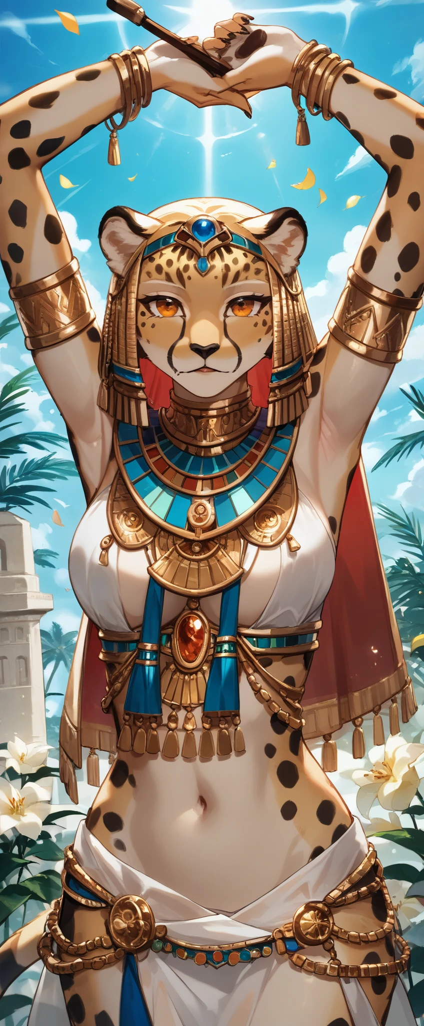 score_9, score_8_up, score_7_up, score_6_up, score_5_up, score_4_up,source_anime, source_furry,rating_safe,Egyptian goddess\(female, Safkhet, Sesat, Seshet, Sesheta, Seshata, Uraeus with flower and star in diadem, (wearing cheetah skin:1.3), holding brush and ink-dish,twinkling star above head\), background\(Egyptian temple\),dynamic angle, BREAK ,quality\(8k,wallpaper of extremely detailed CG unit, ​masterpiece,hight resolution,top-quality,top-quality real texture skin,hyper realisitic,increase the resolution,RAW photos,best qualtiy,highly detailed,the wallpaper,cinematic lighting,ray trace,golden ratio\)