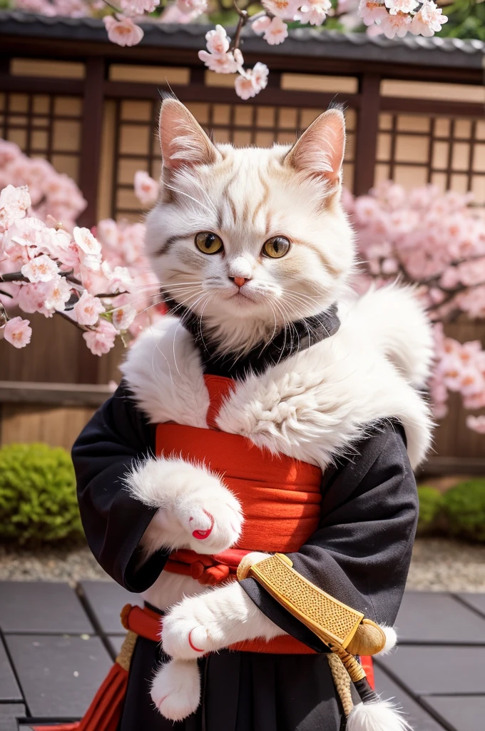 "A hyper-realistic yet cute image of an anthropomorphic cat dressed as a samurai. The cat has a human-like body but retains adorable feline features and soft fur, wearing a small-sized traditional samurai armor and holding a miniature katana. The setting is a charming Japanese garden with cherry blossoms, bright colors, and a warm, inviting atmosphere."