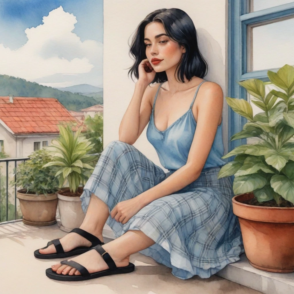 flat illustration, The watercolor, anime style, you asked for it, with the Brazilian woman as the focal point of the scene. She sits with her back to us on a concrete porch, her arms resting on her knees and her straight black hair falling around her shoulders. She wears a light blue blouse with thin straps and a floral skirt, her lips are a striking red and she wears black flip-flops. A brown plaid bag sits on the balcony, and the background has a beige wall with a window and potted plants by Daniela Uhlig

