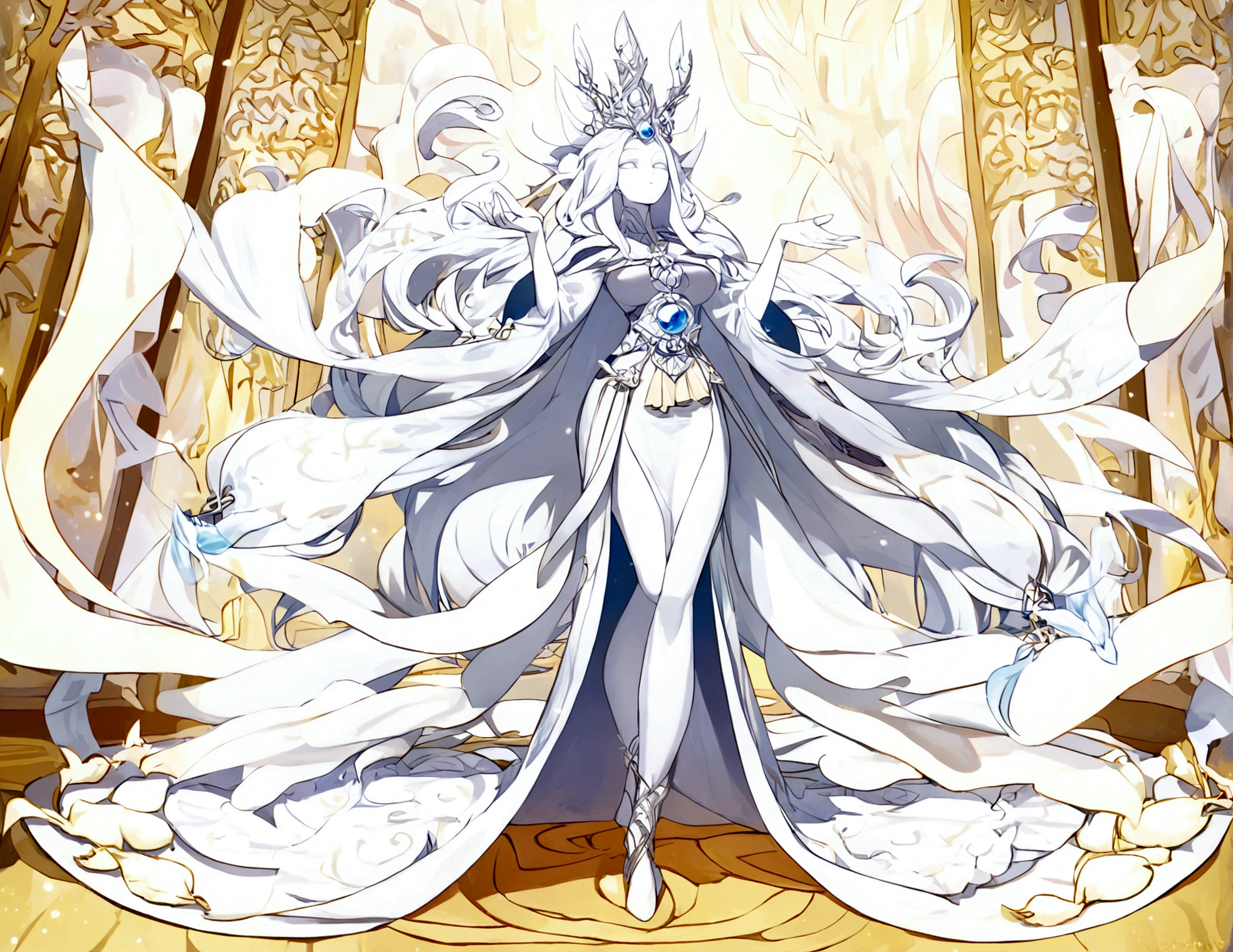 Character (white long hair) (white pale skin) (mystical seer-style clothing) (character in dynamic pose) (perspective angle) (full body) (ethereal background) (warm vibes)