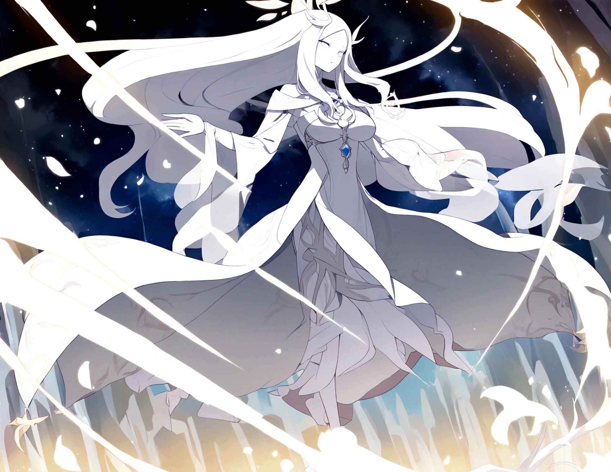 Character (white long hair) (white pale skin) (mystical seer-style clothing) (character in dynamic pose) (perspective angle) (full body) (ethereal background) (warm vibes)