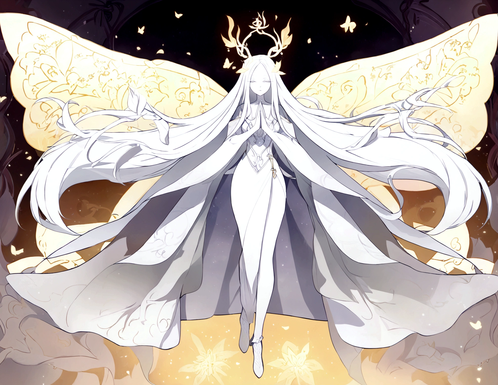 Character (white long hair) (white pale skin) (mystical seer-style clothing) (character in dynamic pose) (perspective angle) (full body) (ethereal background) (warm vibes)