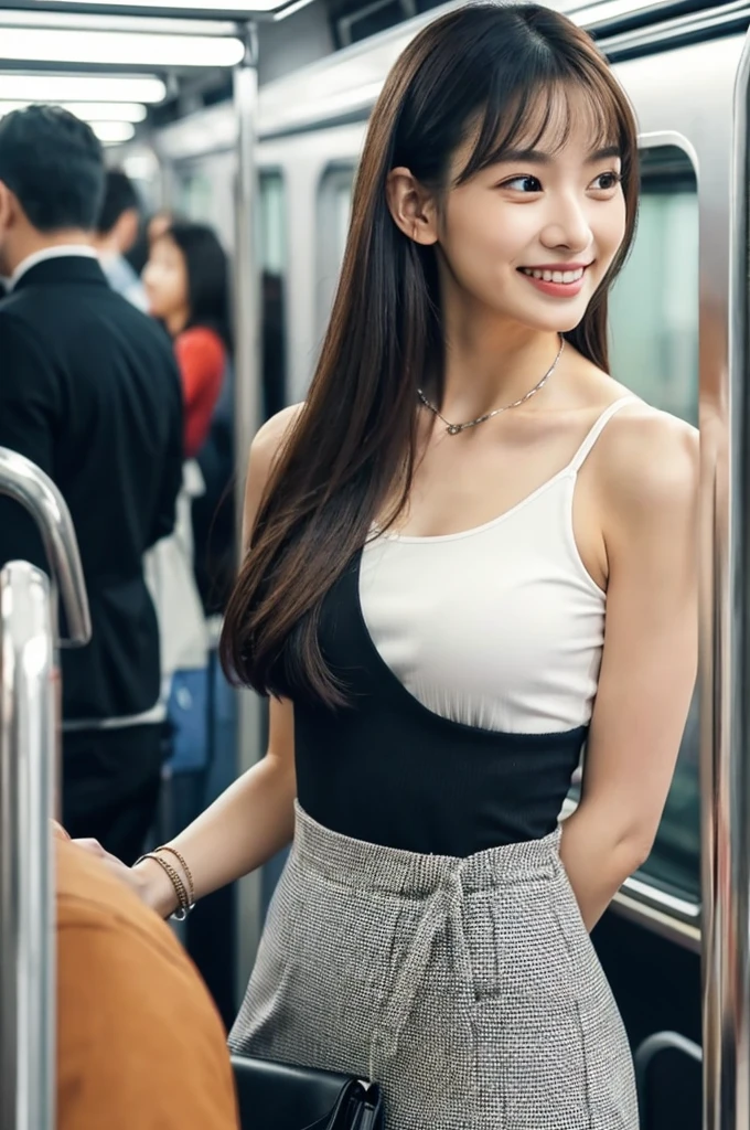 A packed train in tokyo, office ladies commuting to work, suits, people standing so close together that their bodies are touching, ((full body)), ((photo)), ((best qualtiy, 8K, tmasterpiece:1.3)), Focus:1.2, perfect figure beautiful girl:1.4, 1girl, cowboy shot, look at viewer, incredibly absurd, beautiful and cute girl with a photorealistic face, showcasing top-quality craftsmanship, A Japanese woman looking cramped on a crowded train, 20 years old, long dark brown hair that falls to her shoulders, long shiny hair, with bangs, side parted hairstyle, brown eyes, round face, small nose, cherry red lips, bright smile, white teeth, smooth skin, healthy complexion, small ears, natural eyebrows, long eyelashes, slim, well-balanced proportions, moderate muscle, slim waist, round hips, supple limbs, short nails, beautiful C cup breasts, white blouse, black tight skirt, heeled pumps, silver necklace and bracelet, black belt, pretty older woman, beautiful, neat, soothing, cute voice, polite, kind-hearted, responsible, positive, optimistic, sociable, good communication skills, April