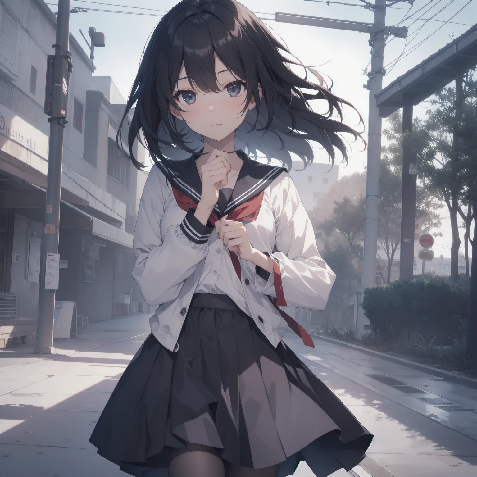 ultra-absurdres-Top quality by artist God, ultra-detailed, high resolution, anime moe artstyle, best anime 8k konachan wallpaper, pixiv contest winner, pool:2810, perfect anatomy,break, 1girl, (Please draw a girl walking sleepily to school alone. )break,(Solo,little female, -yeld:1.Full limbs, complete fingers,a junior hihort hair), short cut, flat chest, , small butt, small black eyes, beautiful detailed eyes, well-proportioned iris and pupils, expressive eyes, highres detailed hair, soft expression, salor school_uniform, sailor collar, serahuku, bow, pleated skirt,(Detailed Lighting), (Detailed background), in the School commute route. break,super detailed skin, Best cinematic lighting powered by famous artist, 8k,beauty illustration,photoshop_(medium),very aesthetic,break,((artist:wa_(genryusui) )), artist:clamp ,artist:carnelian ,artist:kantoku ,
