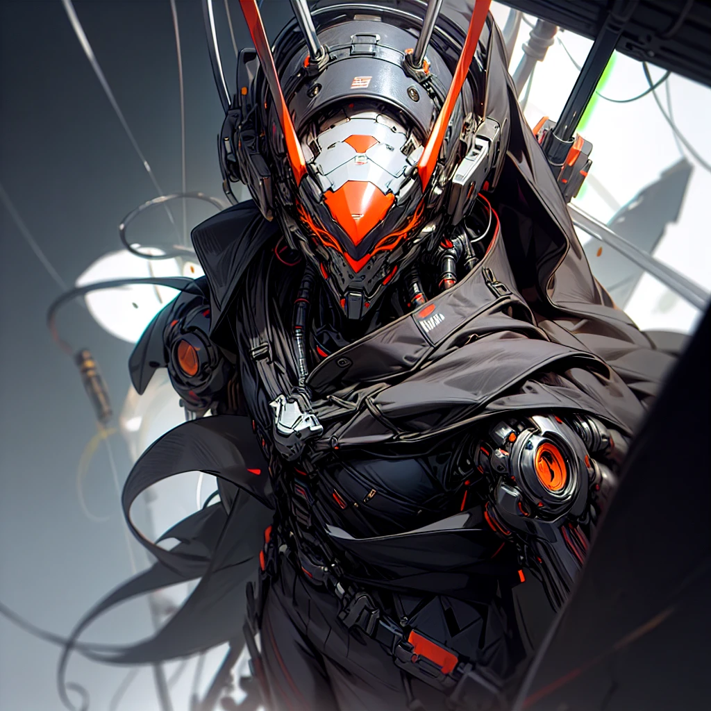  enigmatic black hooded cybernetic  neon helmet, and black mask, enigmatic black hardware and nanotubes on cloak, cybernetic chrome hardware, photo realistic, maximum details, :blank :white studio background --chaos 10 --ar 4:5 --stylize 250 --v 6.0