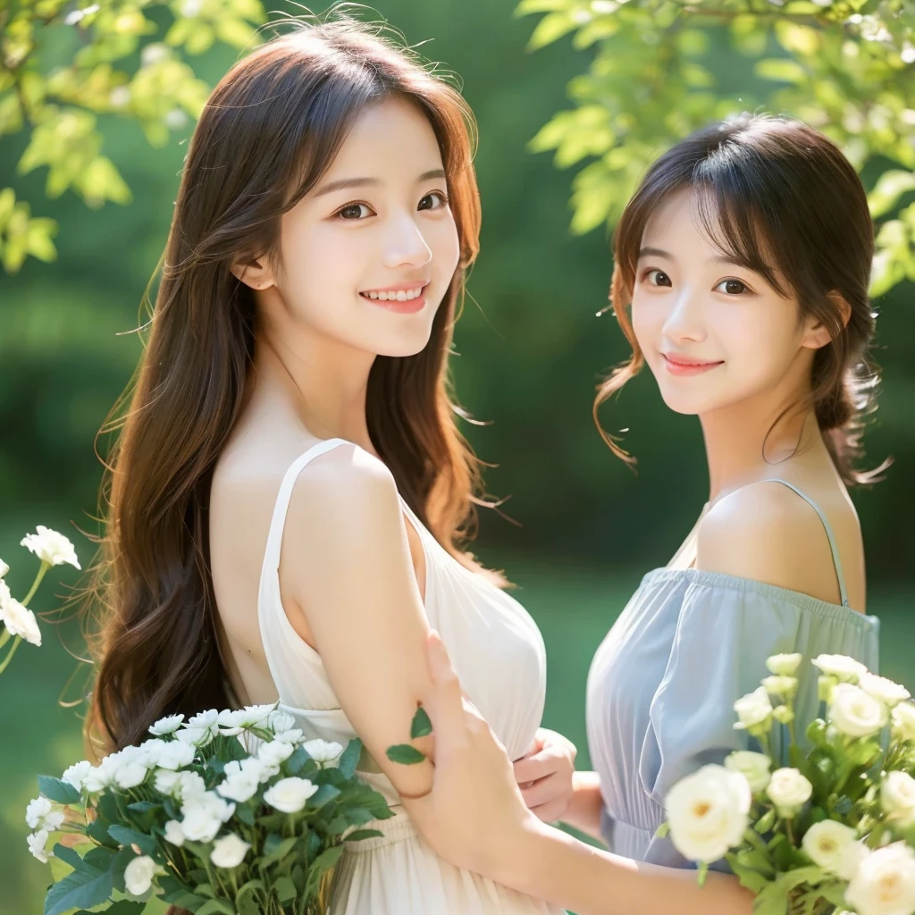 Create an image of a young woman around 25 years old, inspired by the provided image. The woman should have long, flowing hair and a gentle smile, holding a bouquet of flowers similar to the one in the reference. The setting should be a beautiful outdoor environment with greenery in the background, reminiscent of a sunny day. The woman should have a slightly more mature appearance while maintaining a warm and friendly expression. Ensure the lighting and color tones are soft and natural, highlighting her youthful yet mature beauty.