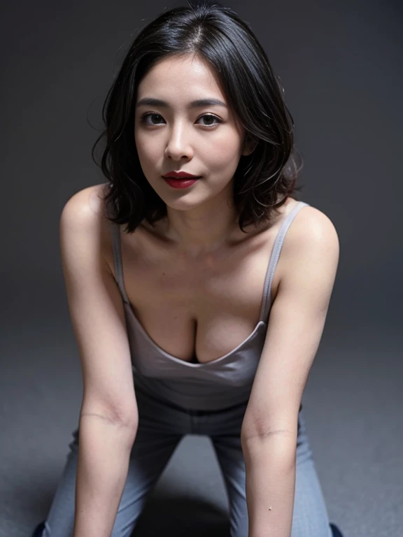 (masterpiece、Highest quality、Realistic:1.3)、1 girl、Beautifully detailed eyes、Beautifully detailed lips、cute、close your eyes、Open your mouth、slender、White skin、Leaning forward、Cowgirl、Spread your legs、pubic hair、?????、Messy black hair、Wet body、Place your hands in front、(Dynamic Pose:1.2),Gray background、(Blue Eye Shadow)、Red lipstick、(???? look)、Thighs、Pointy ???????、５０Old mature woman、?????????????、???????????、Rose flower